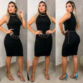 Vestido Canelado Gola Alta Chic